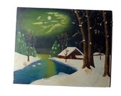 Oil Painting Naive Snowy Cabin On the Lake Landscape Signed L.R. Gregory 1964 - Winter In Iowa