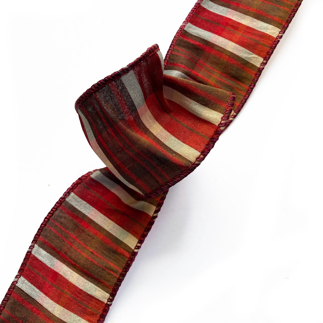 Red Ribbon Maple Fall Plaid Wired Ribbon: Maple Red, Umber, Ivory - 2.5