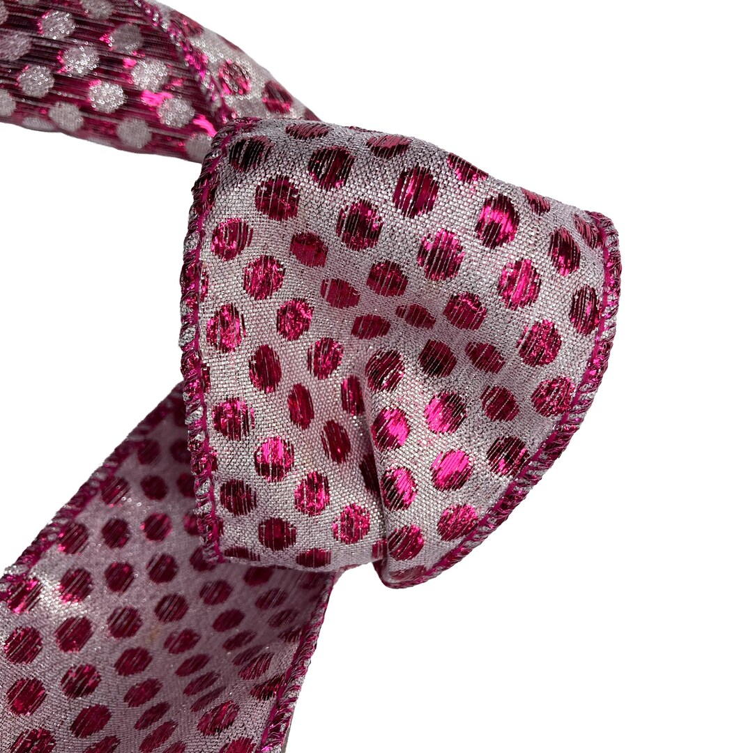 Wired Ribbon 4 Rolls Fuchsia Pink & Iridescent White Lame Polka Dot 2.5 ...