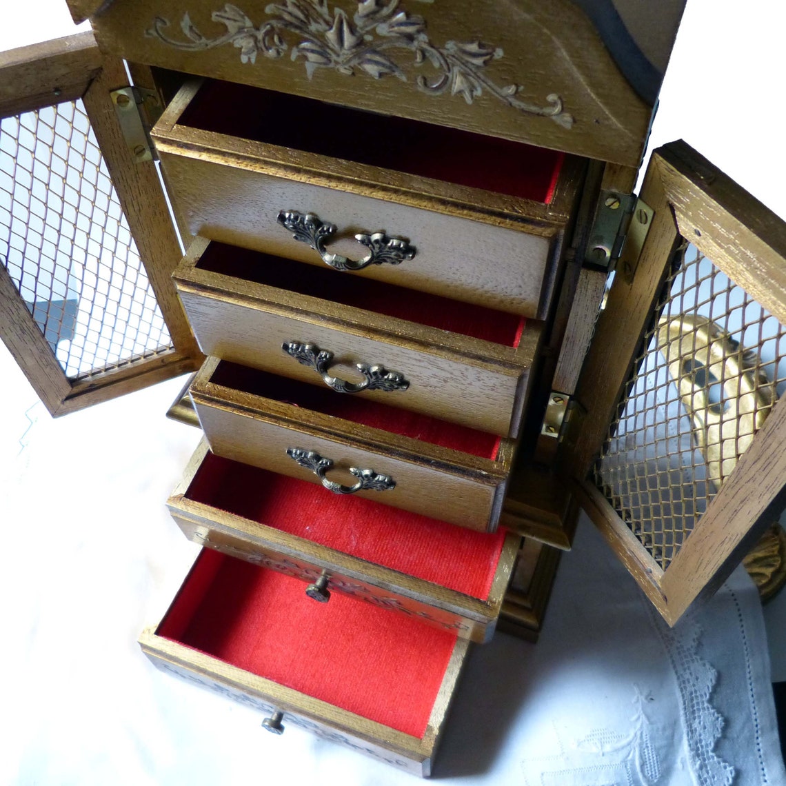 Musical Jewelry Box Armoire Gold Painted Solid Wood Brass Etsy
