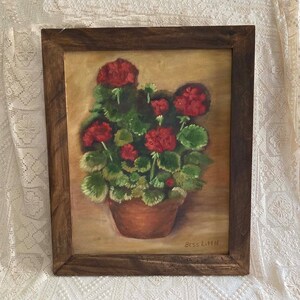 RESERVED Alana Naive Oil Painting Pot Of Red Geraniums Signed & Framed
