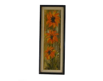 Oil Painting Floral Mid Century Orange Yellow Flowers 2 Framed Signed