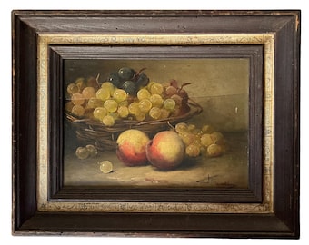 Antique French Still Life Oil Painting On Wood Fruit In Basket With Peaches and Grapes Signed & Framed