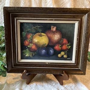 Still Life Oil Painting Fruit Apple Strawberries Plum Pomegranate Signed Framed Vintage