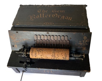 Antique Gem Roller Organ 1887 Needs Work Black With Gold Decoration