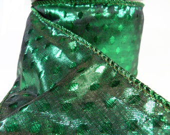 Emerald Green Polka Dot Lame Wired Ribbon  2.5" Wide By The Roll 10 Yards