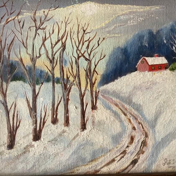 油絵 絵画【冬】 ヴィンテージの雪景色の冬景色油絵：額入りサイン入りA.エドマン