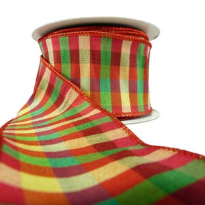 Cheerful Red Yellow Green Plaid Wired Ribbon  2.5&quot; Wide By The Roll 10 Yards