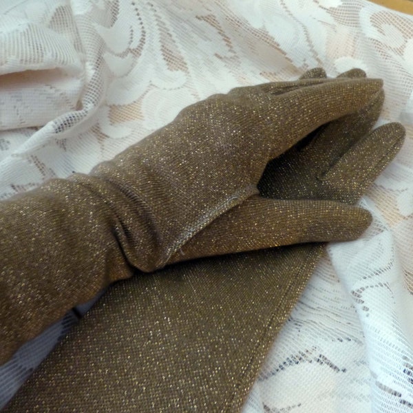 Hansen Evening Formal Gloves Vintage  Sparkling Gold Stretch Metallic Lurex  3/4 Length Size 7