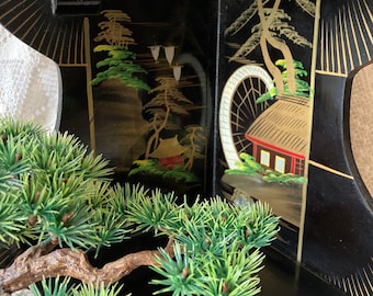 Japanese Wooden Folding Corner Display Shelf Handpainted Scenes Black Lacquer