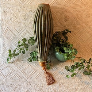 Silk Brocade Fabric Elongated Lantern Wood Frame Finial & Tassel Green