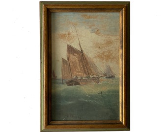 Peinture à l'huile antique paysage marin bateaux en mer Academy Board 9 x 6 original signé encadré