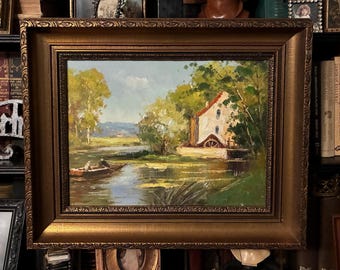 Landscape Original Impressionist Oil Painting Couple Boating Mill House & Pond