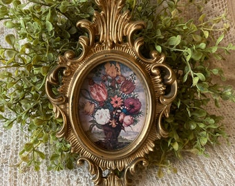 Gold Ornate Leafy Plastic Frame With Floral Print Under Glass Made In Hong Kong