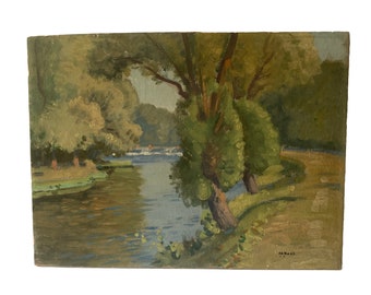 Landscape Oil Painting Vintage Plein Air River & Trees Unframed Signed P A Ross New York