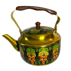 Aluminum Tea Kettle Yellow Gold With Cheerful Grape Design Vintage