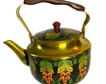 Aluminum Tea Kettle Yellow Gold With Cheerful Grape Design Vintage