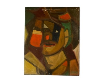 Abstrait Arlequin Clown Peinture à l'huile vintage des années 1960 Signé Edwin L. Platt Sans cadre