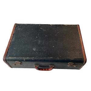 Luggage Hard Side Black Fabric Suitcase Leather Trim Navy Blue Satin Interior