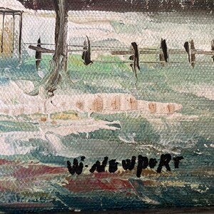 May include: An oil painting depicting a winter landscape with a fence, tree, and a building in the background. The painting uses a palette of white, green, blue, and brown. The artist's signature, "W. Newport", is visible in the lower right corner.