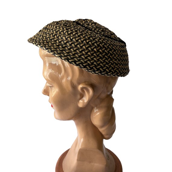 Black & Cream Straw Hat with velvet bow 1950s-60s - image 5