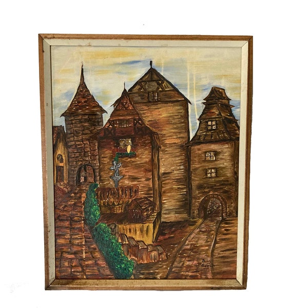 Naive Acrylic Painting On Canvas Medieval Village Signed Gooch 1971 & Framed