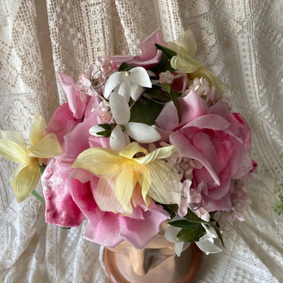 Lord & Taylor Spring Flower Hat Pink Roses Yellow… - image 3