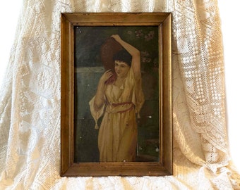 Antique Oil Painting Woman Carrying Vessel 1800s Gold Gilt Wooden Frame Academy Board Favor, Ruhl & Co