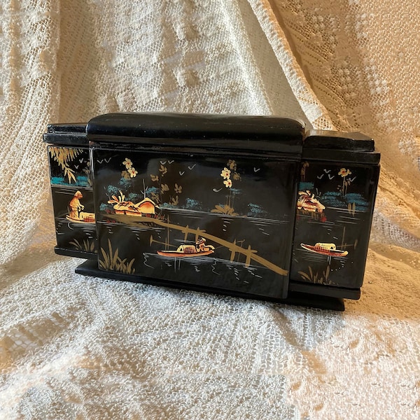 Asian Cigarette Box Hand Painted Black Lacquer Accordian Box