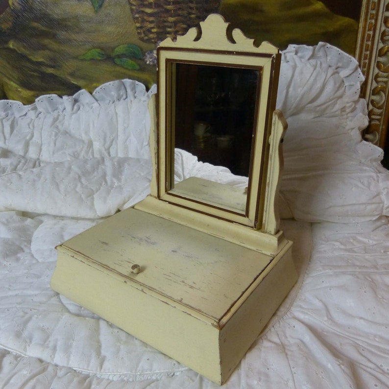 Wooden Vintage Vanity Swivel Mirror With Storage Doll Furniture