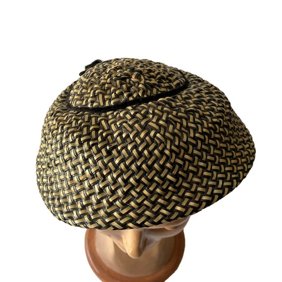 Black & Cream Straw Hat with velvet bow 1950s-60s - image 4