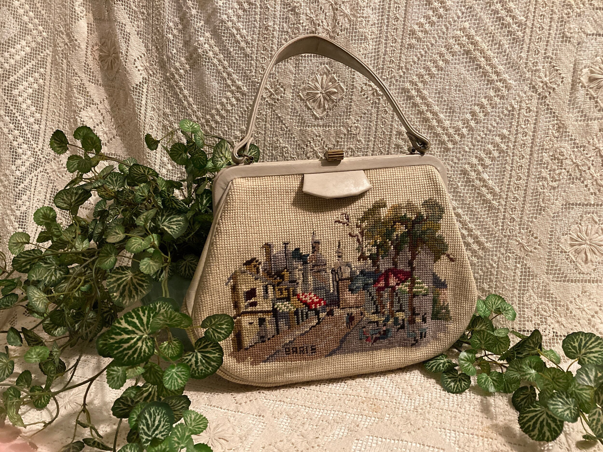 Vintage 1940s Saks Fifth Avenue Glass Beaded Needlepoint Purse