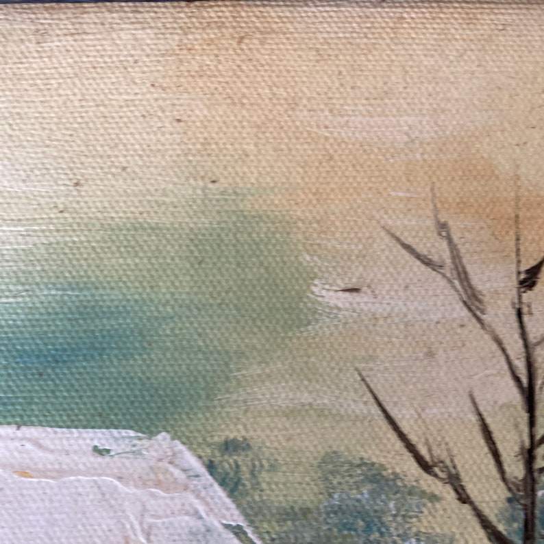 May include: Oil painting of a winter landscape with a house and bare trees. The sky transitions from light blue to a warm, golden hue. The house has a white roof and is in the lower left corner.