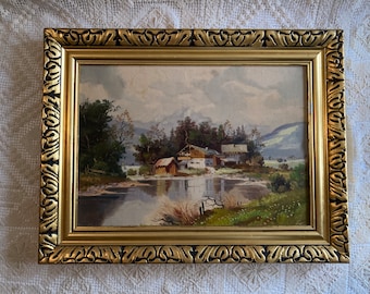 Alps Landscape House Berchtesgaden Original Oil Painting Signed Hell Framed Vintage