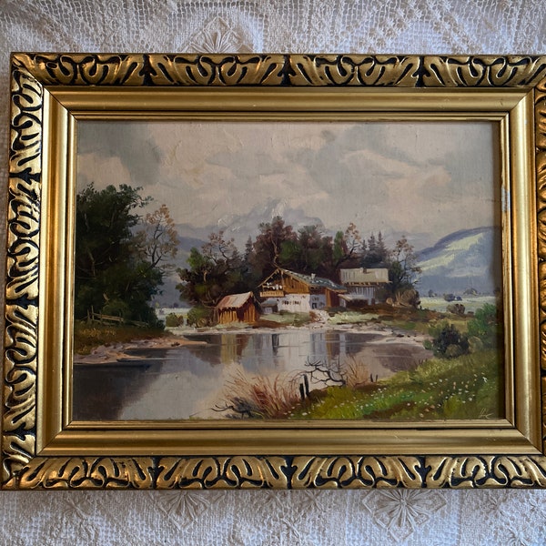 Alps Landscape House Berchtesgaden Original Oil Painting Signed Hell Framed Vintage