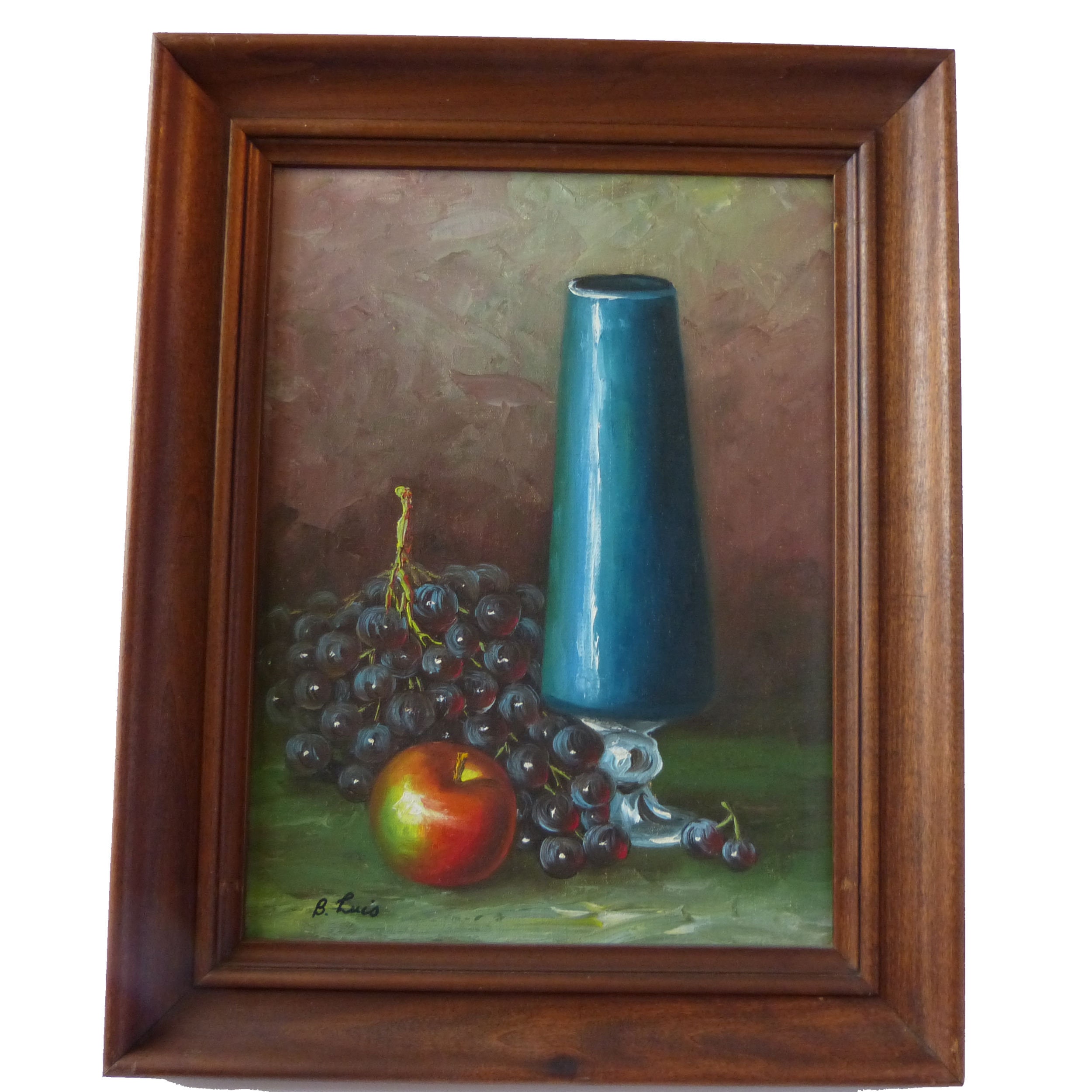 静物画 油彩画 リンゴと瓶 油絵 ヴィンテージ 静物画 額入り フルーツ ブドウ リンゴ