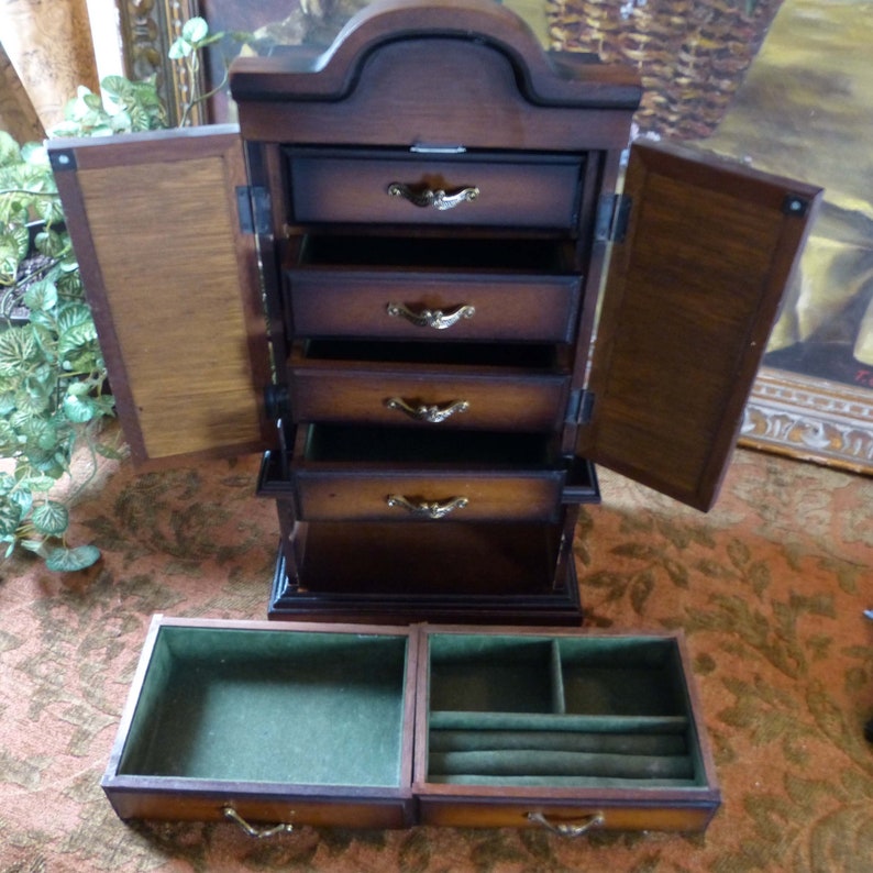 Jewelry Box Armoire Solid Wood Brass Hardware Made In Japan 1960s-70s