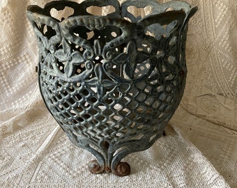 Vintage Outdoor Garden Planter Footed Cast Iron Lattice Scroll Powdery Green Finish