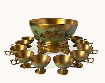 Vintage Hand-painted Porcelain Pedestal Punch Bowl Set 12 Cups Signed Green & Metallic Gold