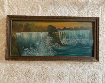 Antique Oil Painting Niagra Falls Late 1800s Oil  On Cardboard Framed