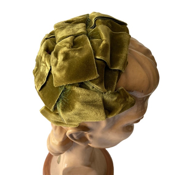 Olive Green Velvet Bow Hat Crescent Cap 1950s