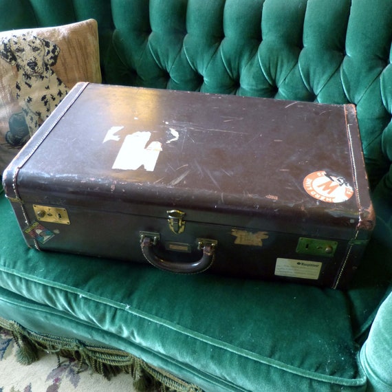Antique Brown Leather Suitcase With Travel Stickers 