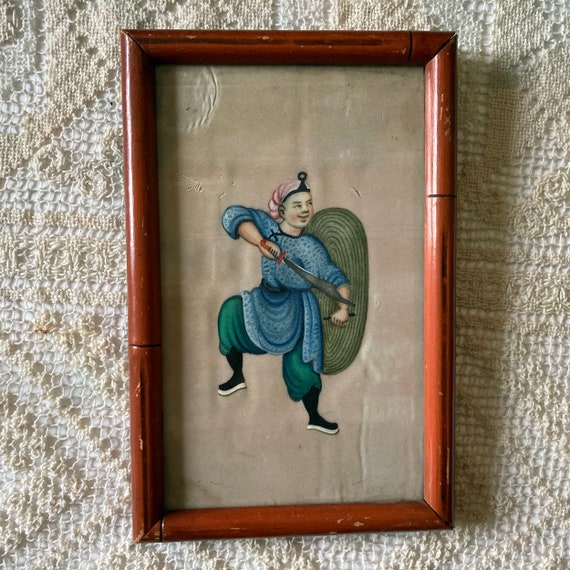 アンティーク中国グアッシュピス絵画 戦士シミター剣と盾 竹製フレーム