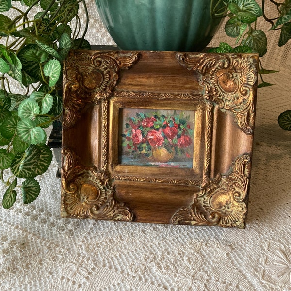 Bouquet Of Pink Roses In Vase Miniature Oil Painting Ornate Frame Floral Still Life