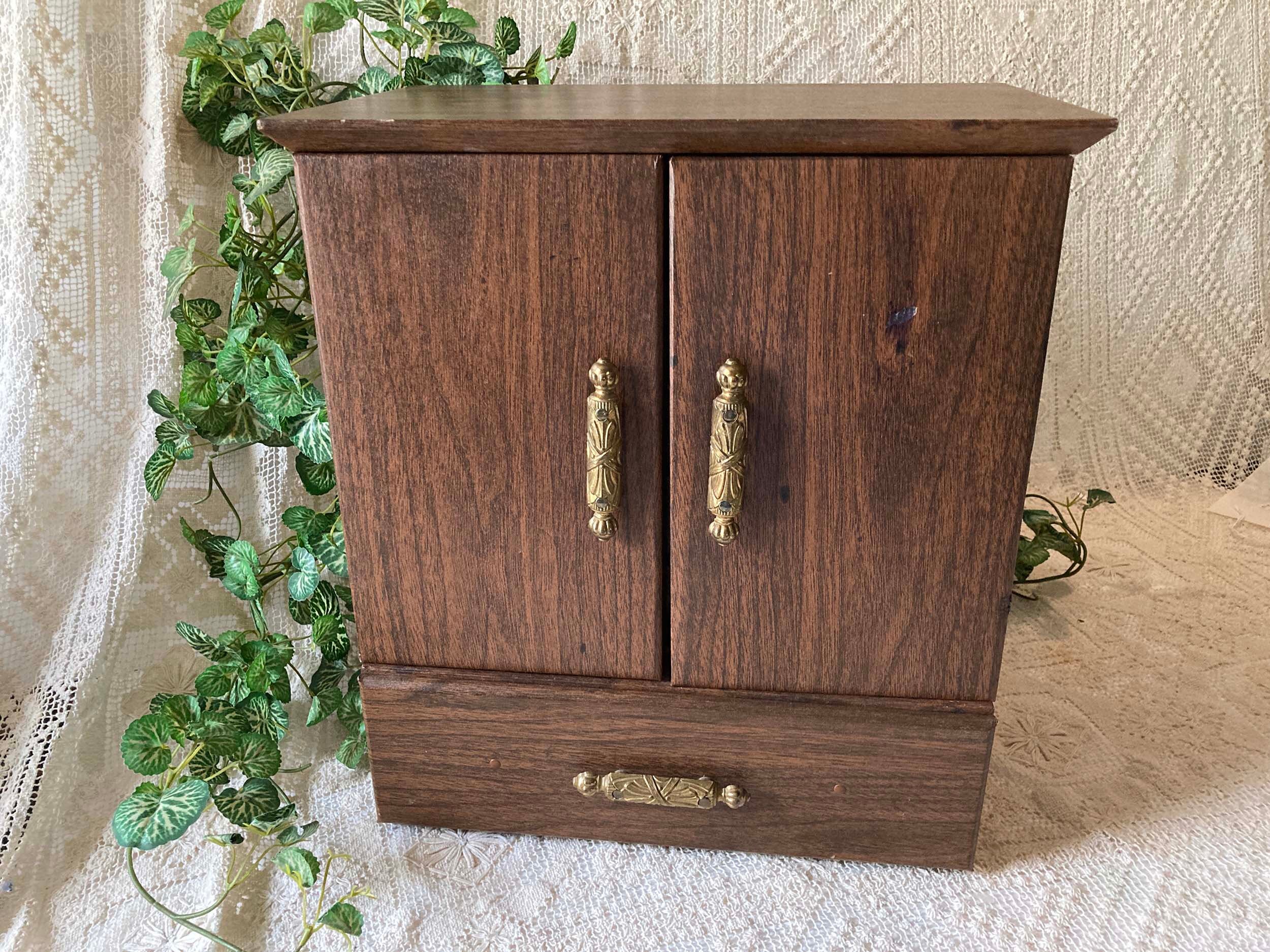 Large Mid Century Vinyl Covered Wood Jewelry Armoire Double Door