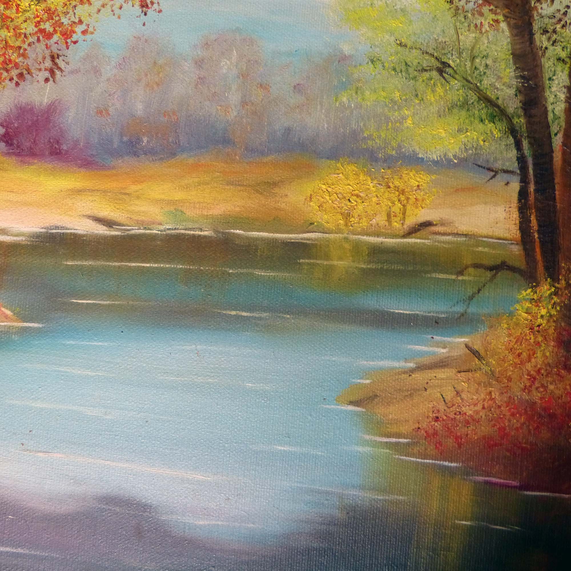 Landscape Oil Painting on Canvas Autumn Fall Trees on River Signed ...