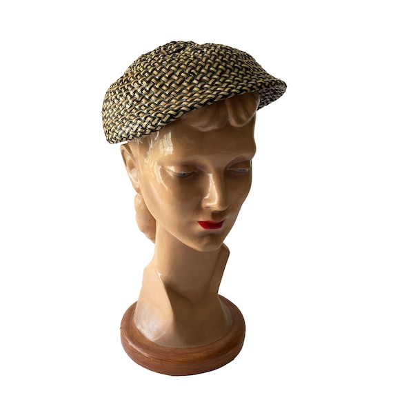 Black & Cream Straw Hat with velvet bow 1950s-60s - image 1