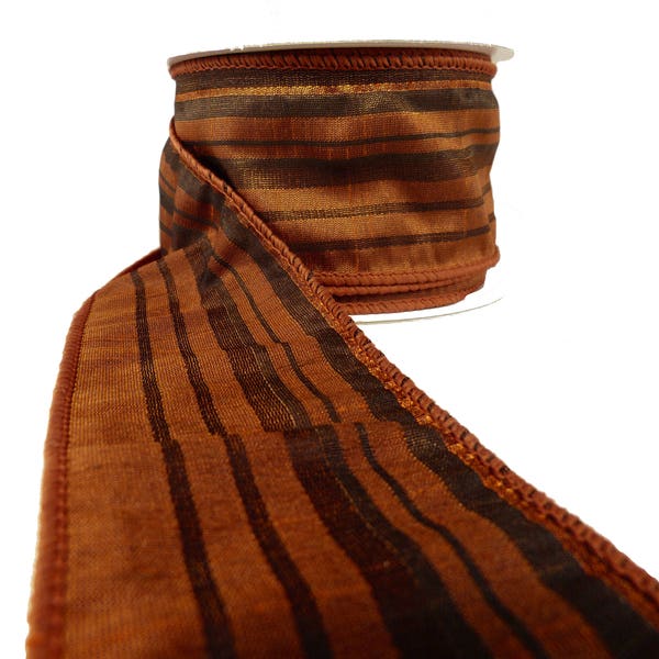 Fall Rusty Orange Black Burnt Umber Stripe Wired Ribbon  2.5" Wide By The Roll 10 Yards