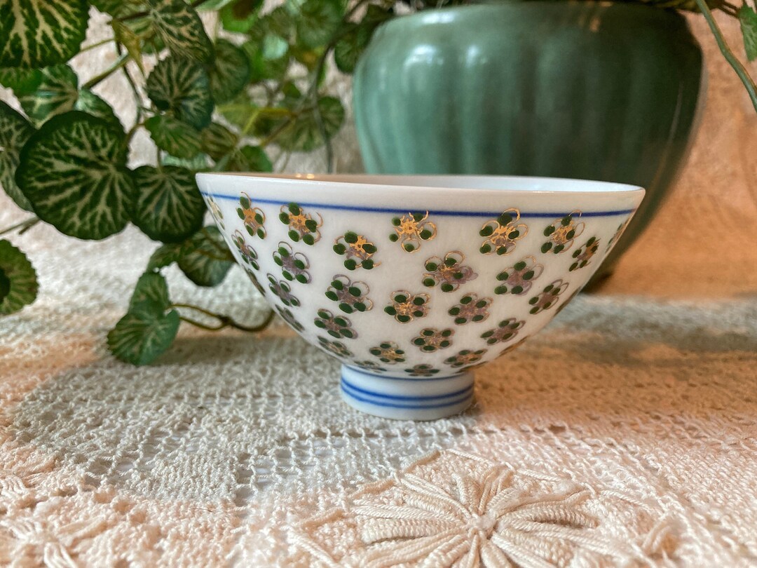 Japanese Porcelain Rice Bowl Gold and Green Tiny Flowers. Etsy