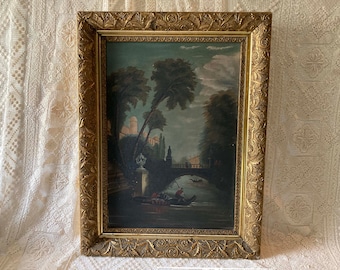 Antique Oil Painting Landscape Canal Scene with Gondola Bridge Gardens Elaborate Gold  Frame